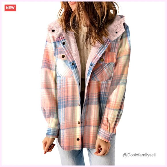 Jackets & Blazers - Fleece-Lined Plaid Hooded Shacket, Boyfriend Fit, Button Front & Cuffs